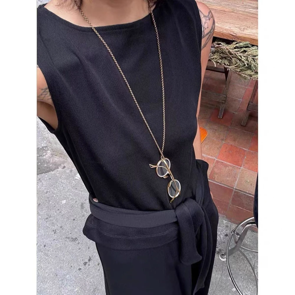 Adjustable Glasses Shaped Pendants Long Necklaces Copper Retro Women High-end Personalized Versatile Necklace Fashion Jewelry