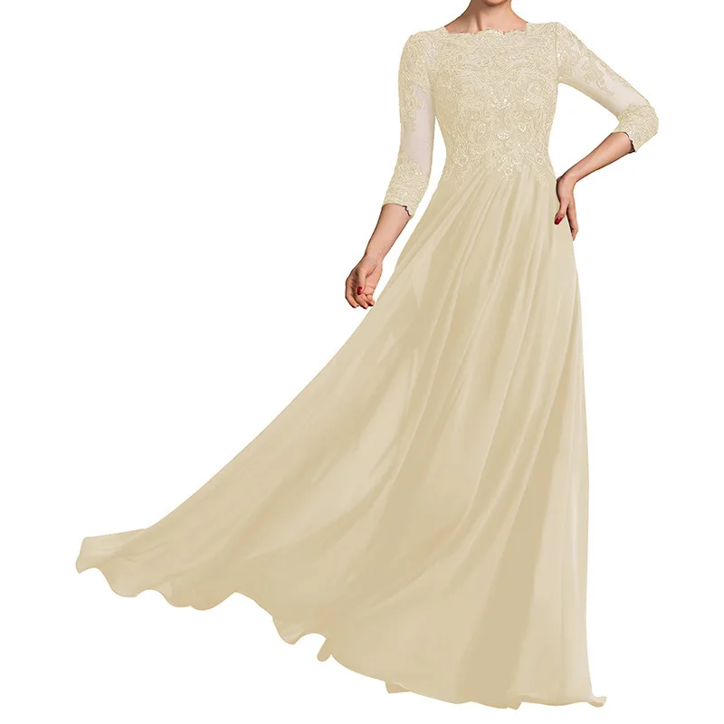 QMANSHA Maßgeschneidertes langes Brautjungfernkleid mit dreiviertellangen Ärmeln, Spitze, Chiffon, formelles Abendkleid, A-Linie, Hochzeits- und Partykleid – Detail 10