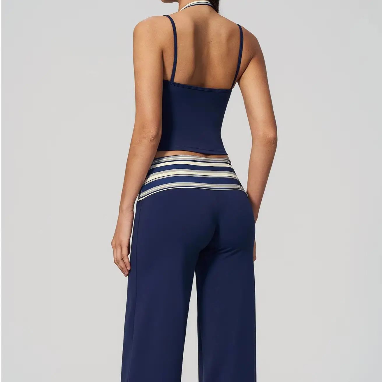 Women Color Block Stripe Print Yoga Set Quick Dry Sports Tank Top High Waist Straight Leg Yoga Pants For Fitness Running Workout
