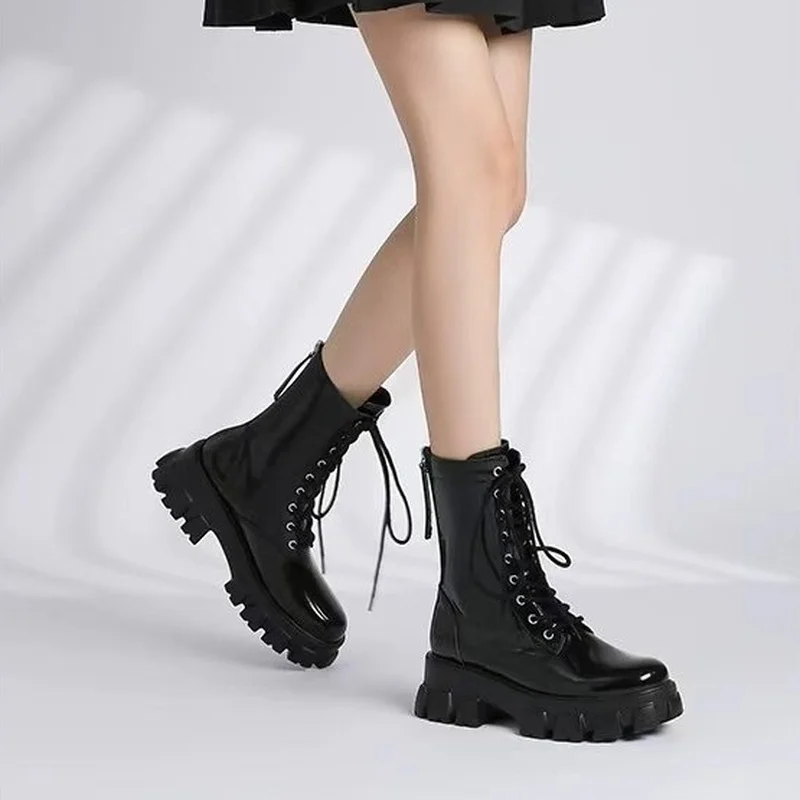 New Combat Boots Women Lace-Up Mid-Calf Motorcycle Boots Chunky Platform Non-Slip Winter Shoes Black Zipper