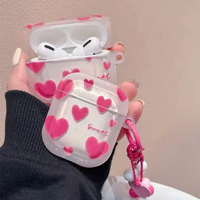 Pink Heart+Pendant For Apple AirPods 1 2 pro Bluetooth Headphone Cover 3rd Generation Silicone Soft Cover Protective Case