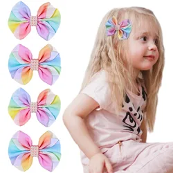 ncmama Gradient Rainbow Color Hair Bow Clips Pearl Hairpin for Kids Girls Cute Ribbon Bows Hairpins Hair Accessories Headwear