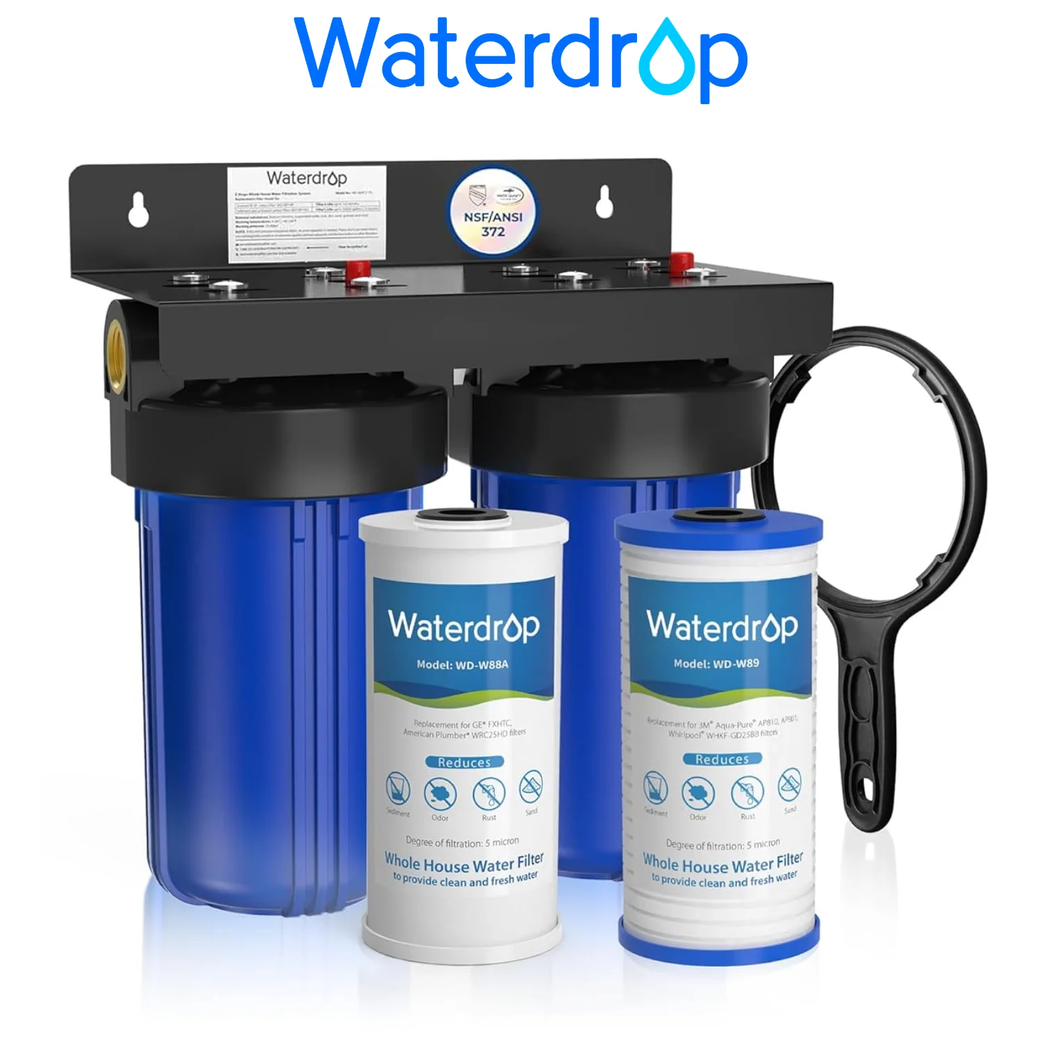 Waterdrop WHF21-PG 2-Stage Whole House Water Filter System, Highly Reduces Lead, Chlorine, Odor and Taste, 5-Stage Filtration