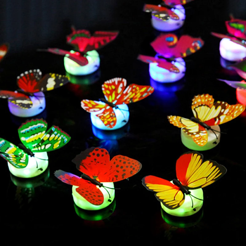 3D colorido borboleta LED noite luz, lâmpadas de parede, adesivos coloridos, cor aleatória, DIY casa