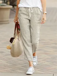 Women's Solid Color Long Pants Casual Simple Style Elastic Waist Leace-up Trousers Female Spring Summer New Commuting Clothing