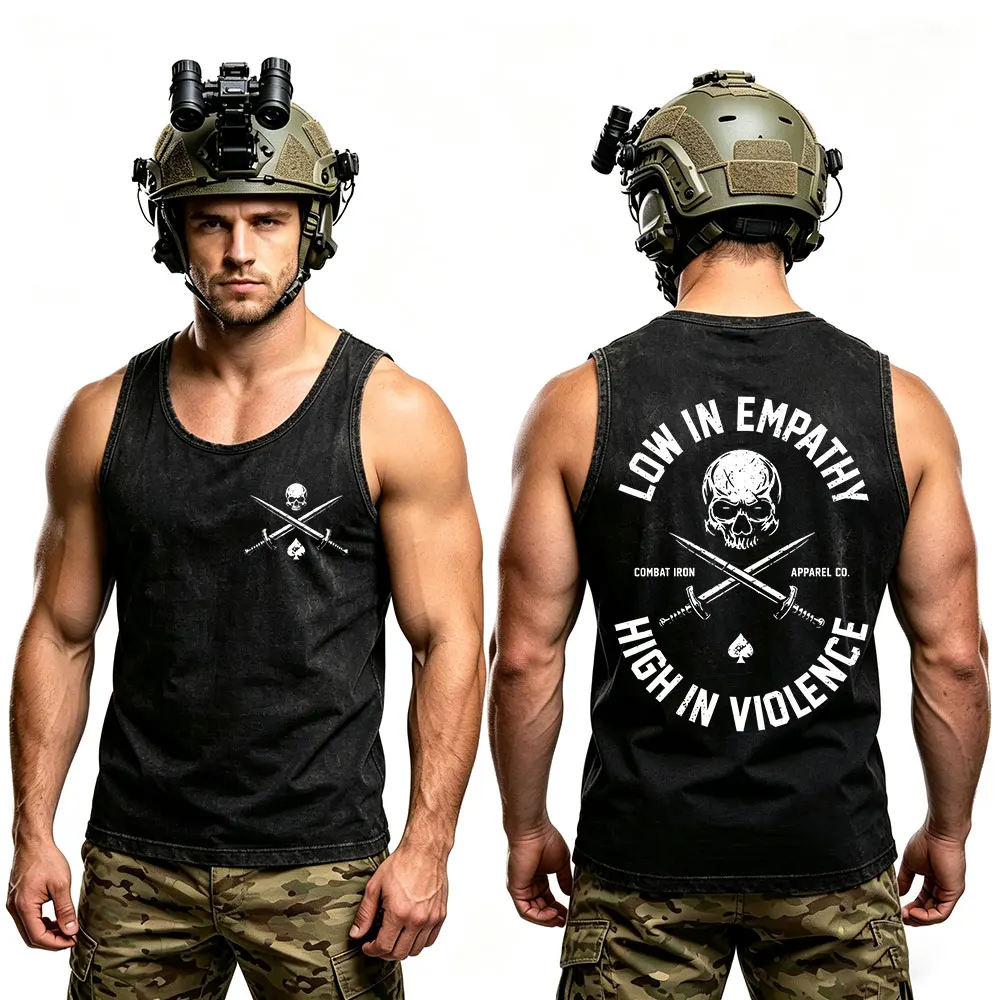 Débardeur Homme Vintage Lavé à l'Eau, Motif Squelette Militaire, Faible Empathie, Forte Violence, Vêtement Décontracté Oversize Sans Manches