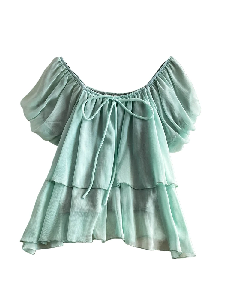 Sweet Fairyish Summer Shirt Women's Breathable Skin-friendly Bubble Sleeve Chiffon Top with Bowknot And Lace Design for Young...