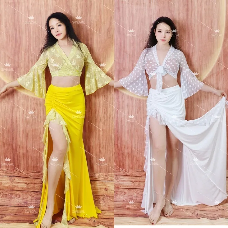 فستان رقص شرقي مخصص ممارسة الزي أزياء الرقص الشرقي الدانتيل زهرة صافي البوق كم مع تنورة شق الدانتيل #2