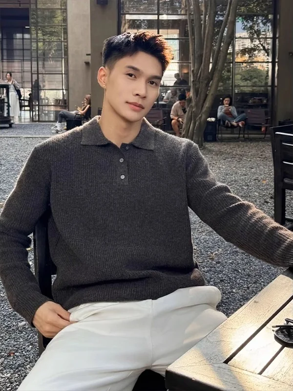 

ay Knitted irt Long Sve Turn-down Collar Men's Casual Soft Sweater Autumn High-ade Loose Lightweight Maturi S...