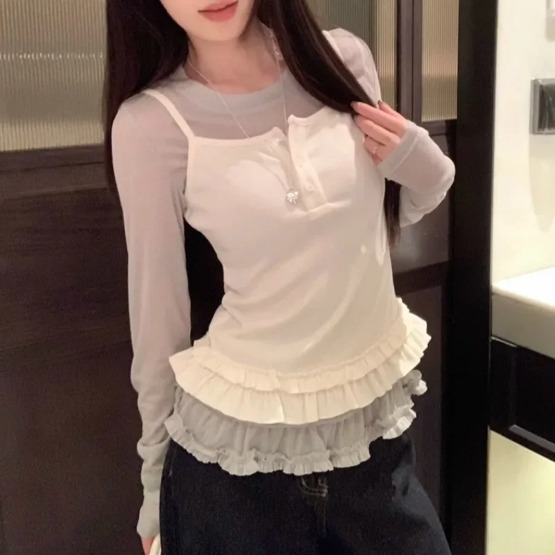 2025 Spring New Korean O-neck Solid Color Casual Long-sleeved T-shirt Women + Ruffled Sexy Slim Camisole Two-piece Suit