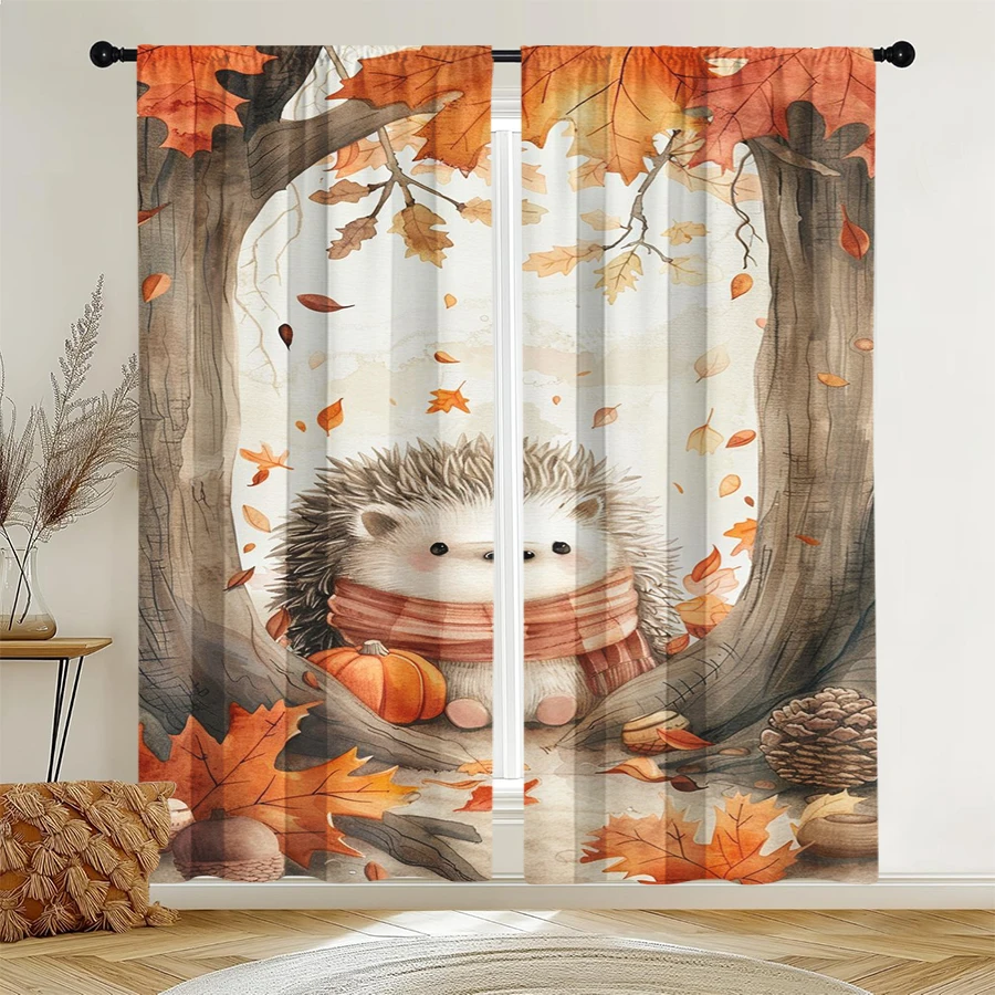 2PCS Digital Print Curtain, Hedgehog Scarf Autumn Leaves Tree Hole, Cute Fall Woodland Cozy Style for Living Room Bedroom Decor
