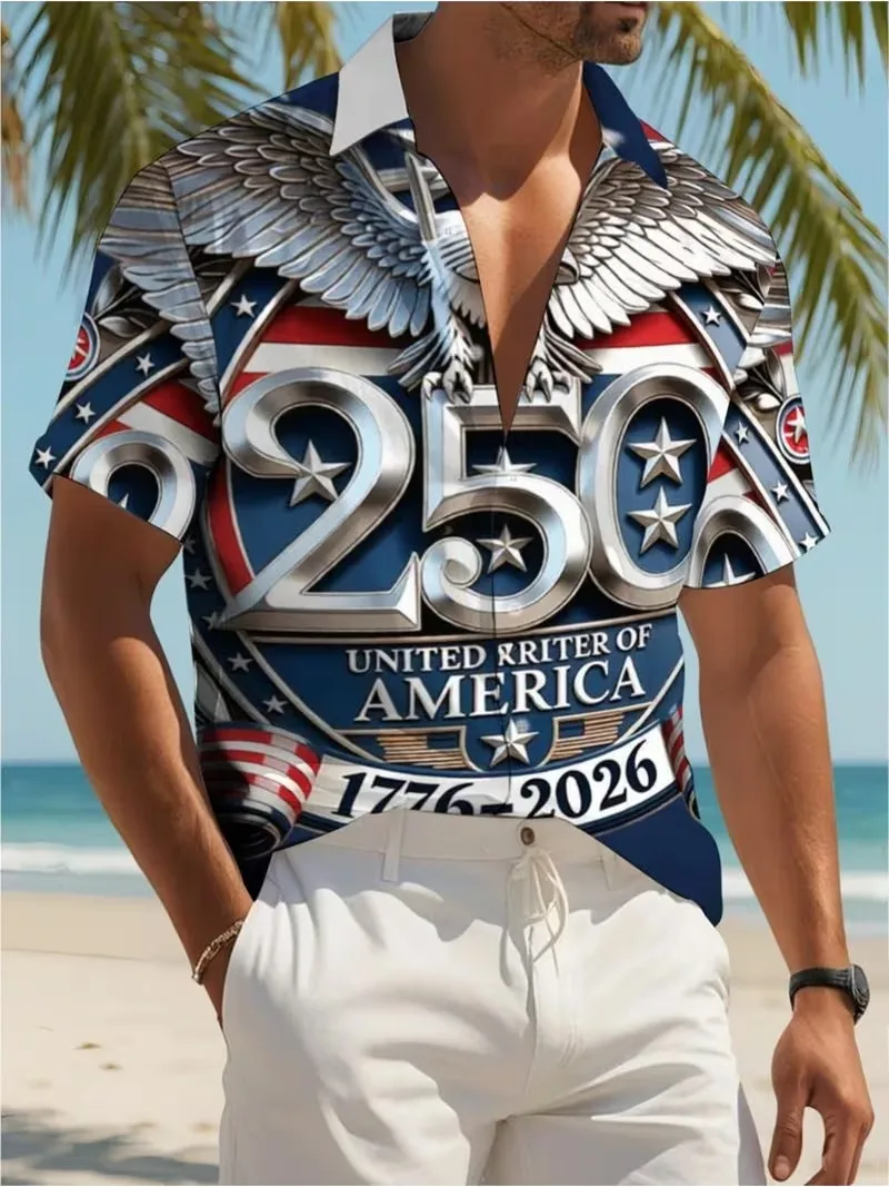 

USA 250th Anniversary Patriotic Hawaiian Shirt For Men 4th Of July Independence Day Short Sleeve Button Up Beach Shirt