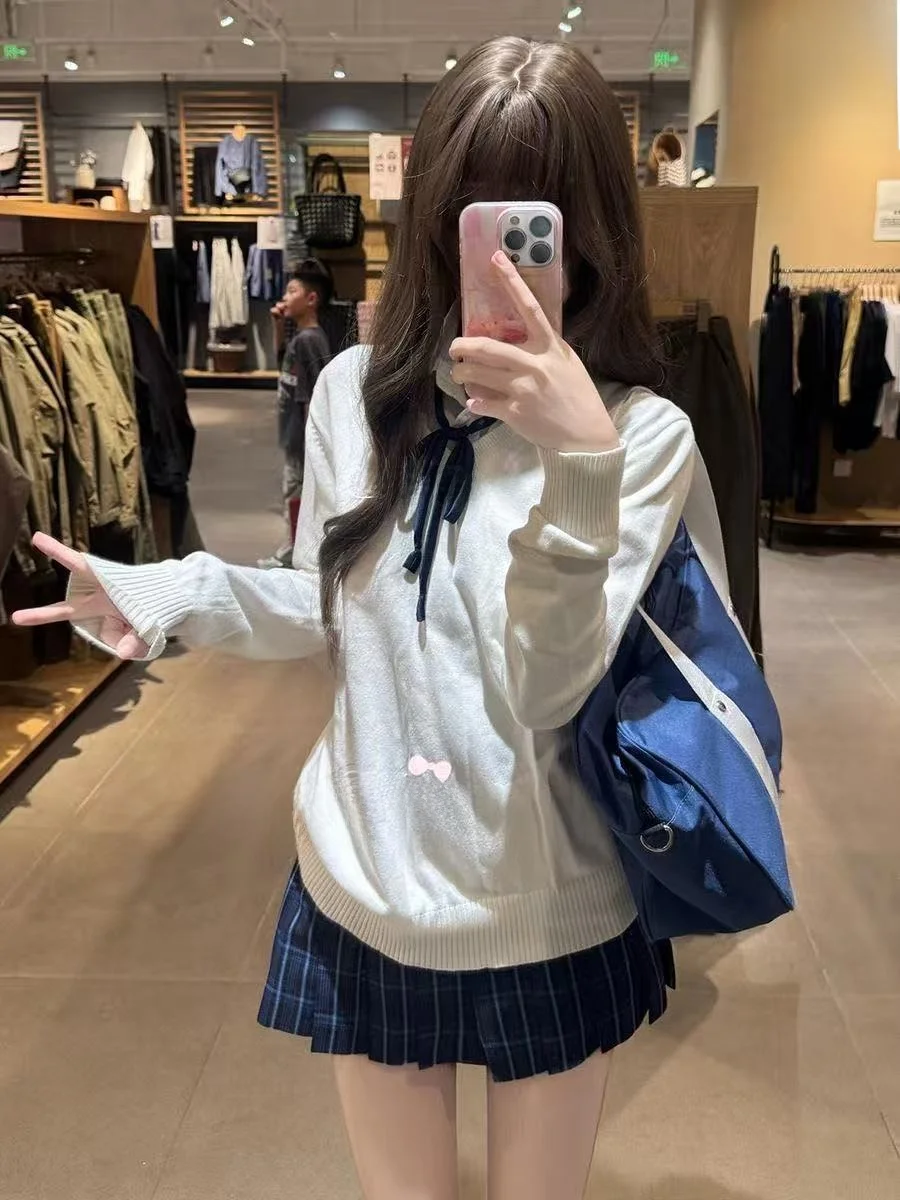 

Autumn Winter Original JK Uniform Knitted Sweater V-Neck White Overhead Versatile Sweater Student Long Sleeve Top Three-Piece...