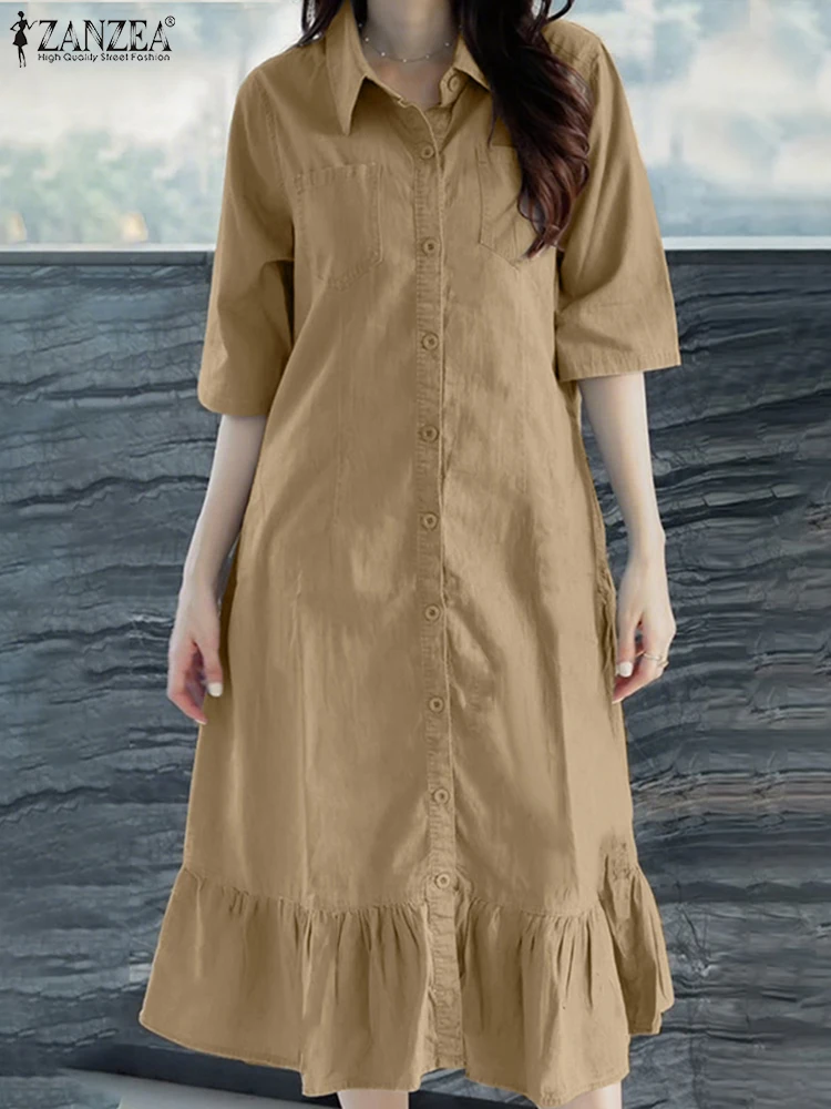 ชุดเดรสยาวทรงเสื้อเชิ้ตผู้หญิง ZANZEA ดีไซน์หรูหรา กระดุมแถวเดียว แฟชั่นจีบระบาย สีพื้น ความยาวปานกลาง รุ่น Vestidos ประจำปี 2025 สำหรับฤดูร้อน แขนสั้น แต่งระบาย