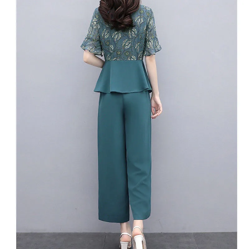 Women\'s 2023 Summer Casual Printing Spliced Blouse Two Piece Set Commute Elegant Fashion Wide Leg Pants Sets Female Clothing