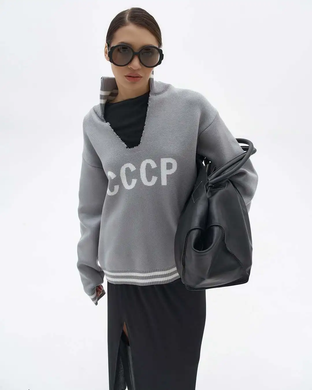 

Gray White Cccp Pullover Knitted Sweater 006