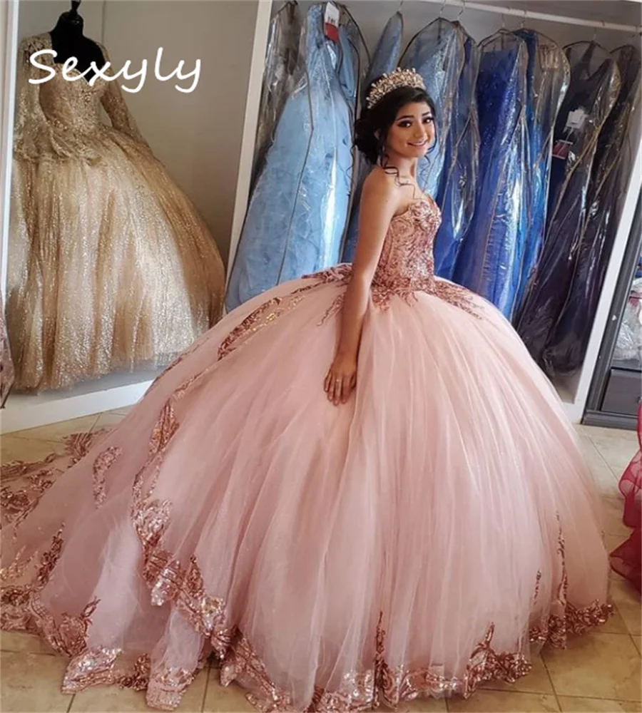 Vestidos de quinceañera de color rosa ostentoso personalizados, vestido de cumpleaños hinchado con escote en forma de corazón de lujo, Vestidos Charro brillantes Para Xv Anos Sweet 15