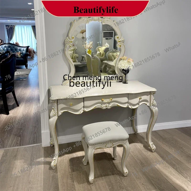 D178  European dressing table Bedroom makeup table with mirror and makeup stool French solid wood carving flower American walnut
