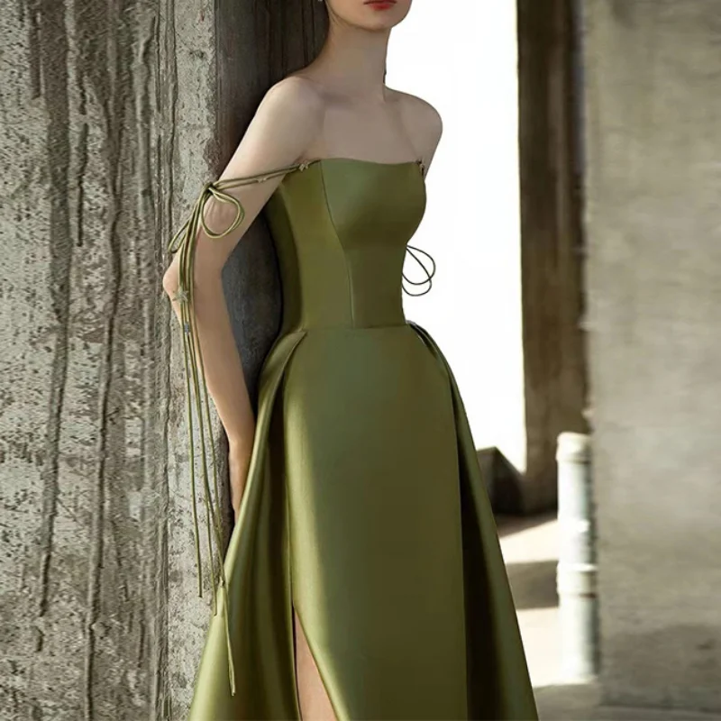 Customized Elegant Strapless A-line Olive Green Evening Dress Vintage Spaghetti Strap Boat Neck Pleat Satin Party Prom Gown Quin