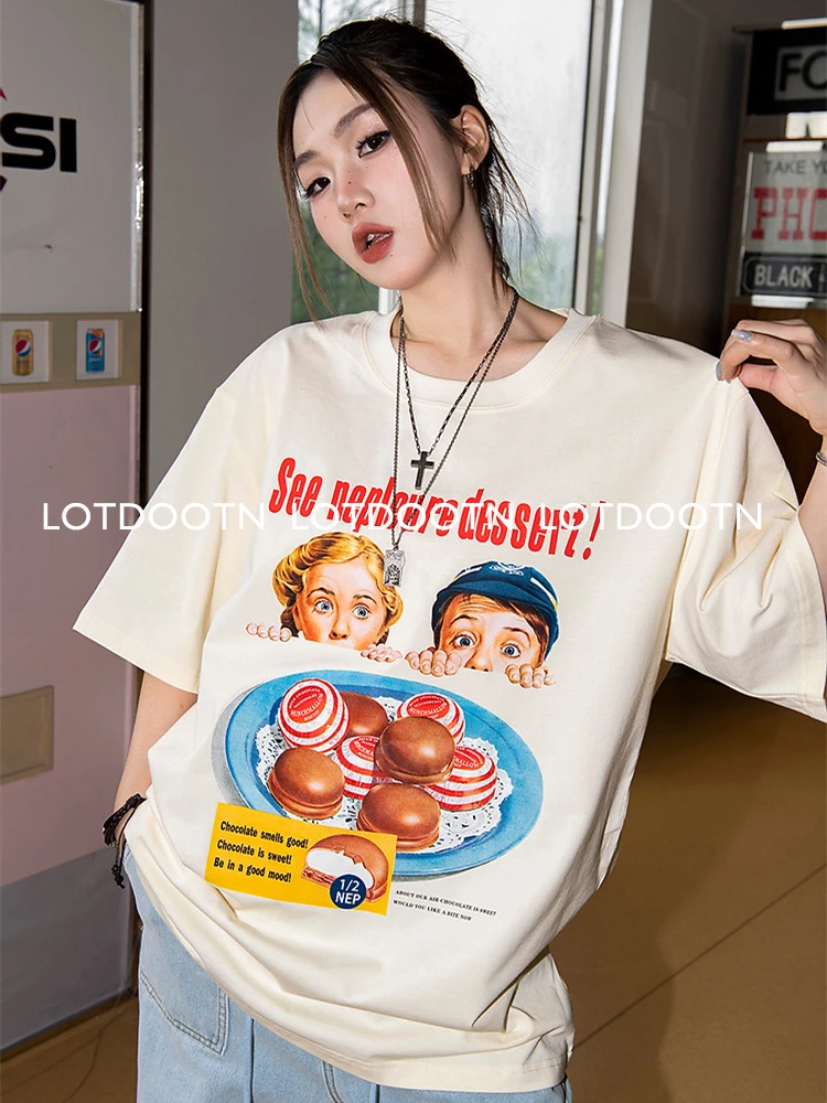 LOTDOOTN Female Y2k Streetwear Tops Pure Cotton Oversized Cartoon Printed T-Shirts American Fashion Graphic Women Grunge Clothes