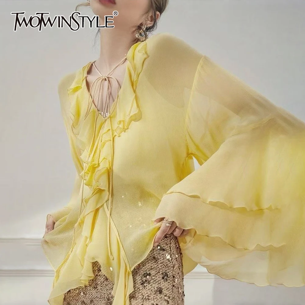 

TWOTWINSTYLE Solid Spliced Lace Up Shirt Female V Neck Long Sleeve Loose Patchwork Mesh Sheer Women's Shirts Autumn Fashion New