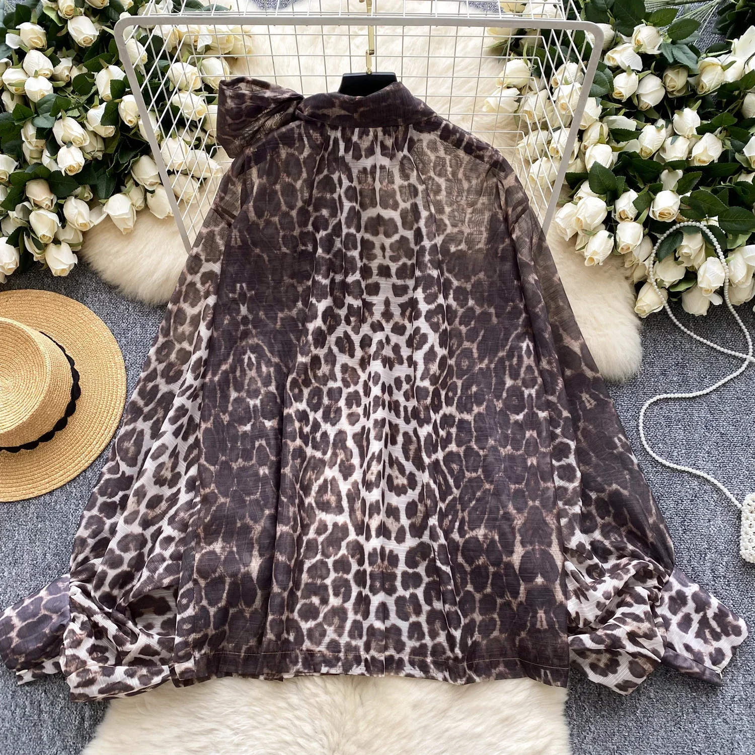 Basics Long Sleeves Elegant Butterfly Bow Collar Vintage Leopard Chic Mesh Loose Top Office Lady High Street Autumn Women Blouse