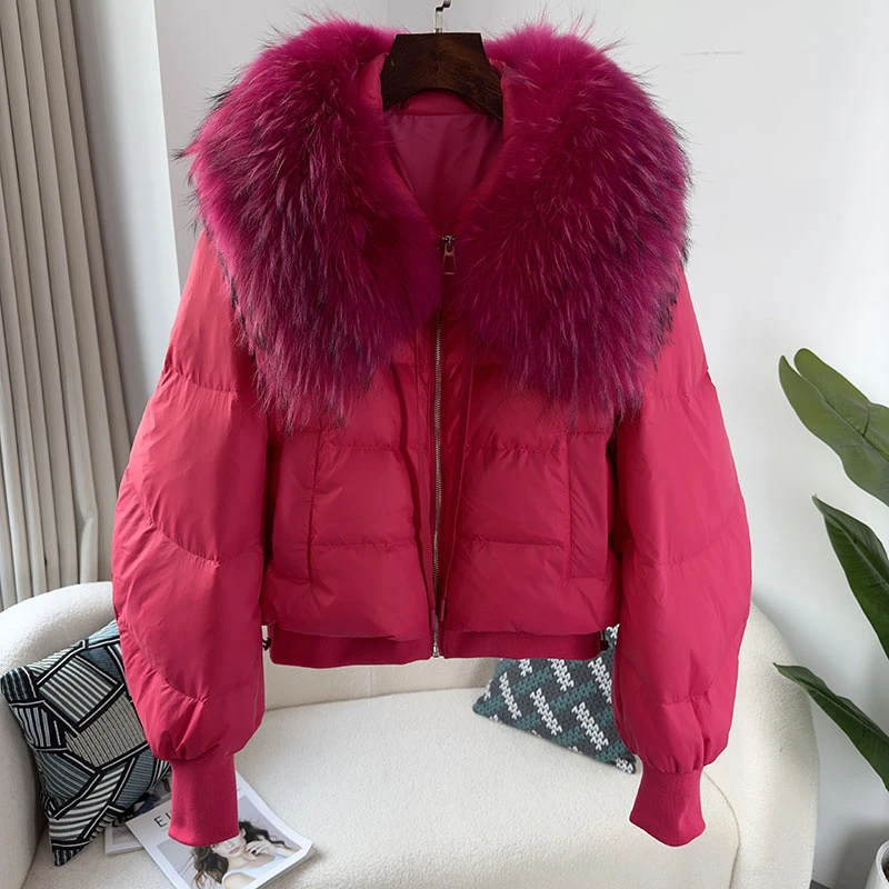 2023 New Thick Warm Duck Down Coat Natural Real Big Raccoon Fur Collar Winter Jacket Women Loose Outerwear Streetwear Luxury