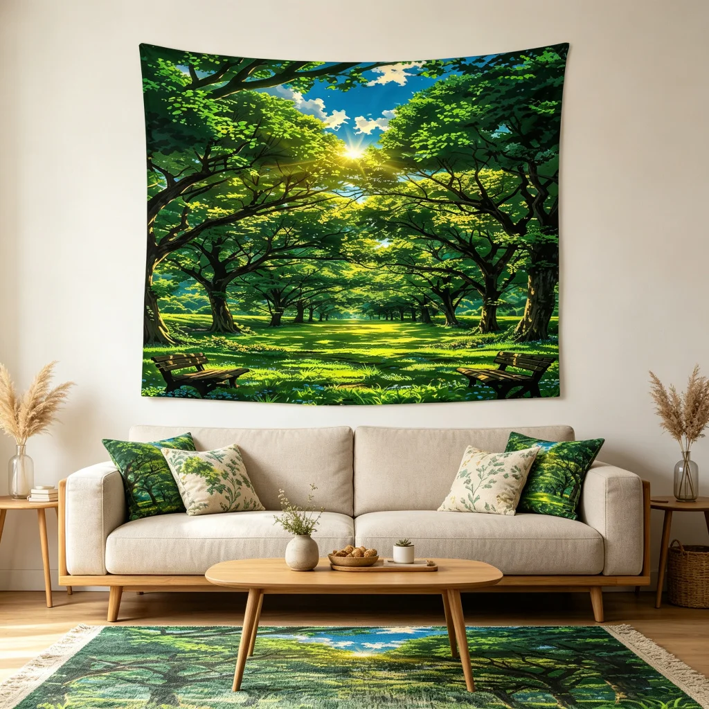 1PC Anime Green Forest Art Print Backdrop Banner, Bedroom Living Room Photo Background, Polyester, Home Decor, Wall Art