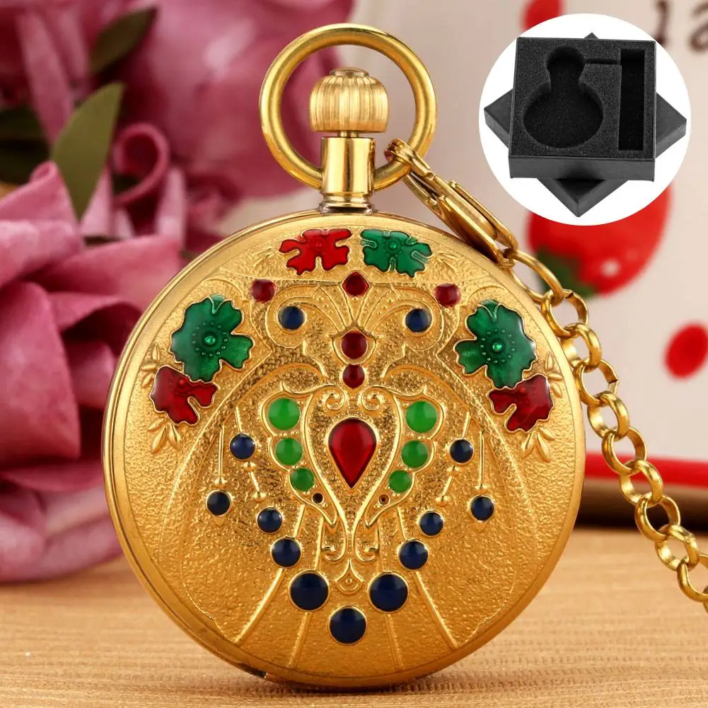 

Gold Copper Double Full Hunter Mechanical Pocket Watch Arabic Numerals Dial Vintage Flowers Pattern Automatic Pendant Clock Gift