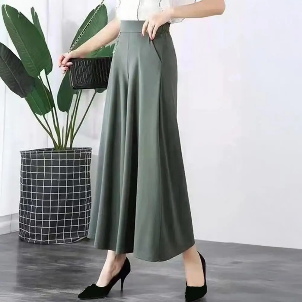 Elastic Waist Trousers Wide-leg Long Pants Women’s High Waist Wide Leg Pants with Pockets Solid Color Suit Trousers for Wear