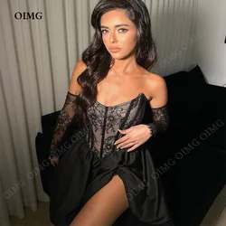 OIMG Black Lace Side Slit Women Evening Dress Strapless Prom Dresses Mini Length Formal Occasion Cocktail Wedding Party Gowns