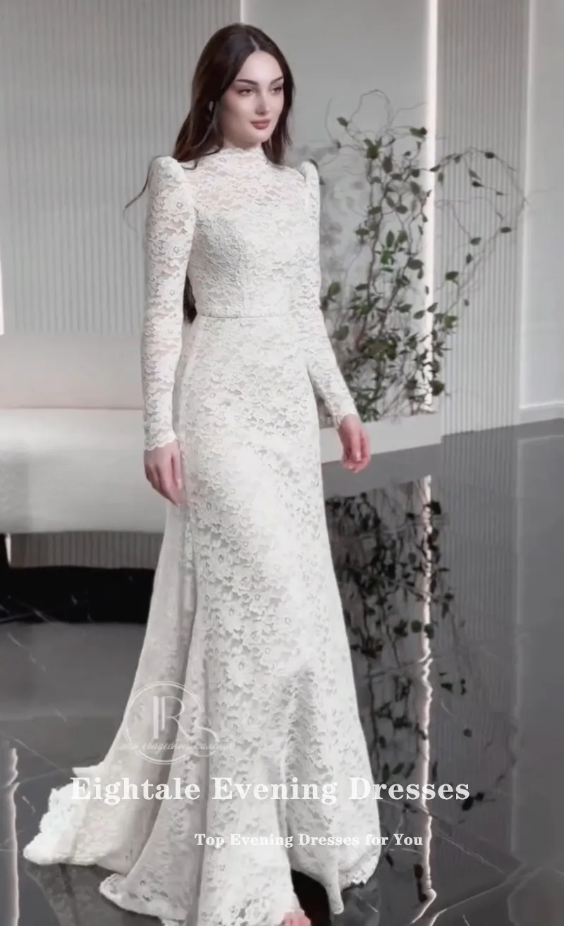 Abito da sposa arabo Eightale Abito da sposa in pizzo avorio personalizzato Collo alto Applicazioni musulmane Abito da festa da sposa a maniche lunghe