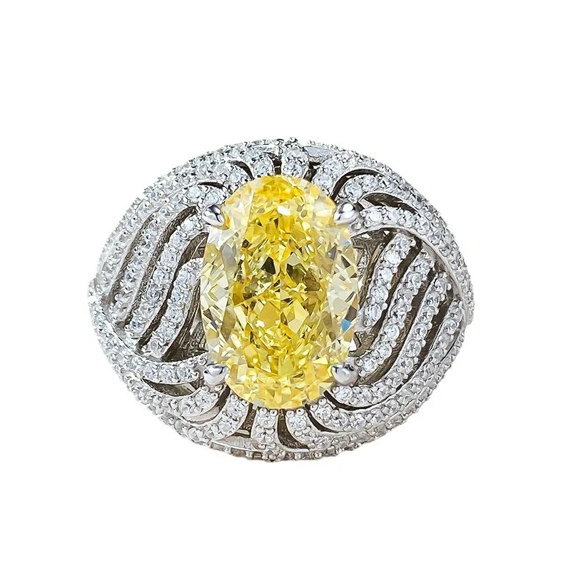 S925 Silver Ring Egg shaped Brilliant Yellow Ice Flower Cut 8 * 12 High Carbon Diamond Ring, Small and Unique Design Ring