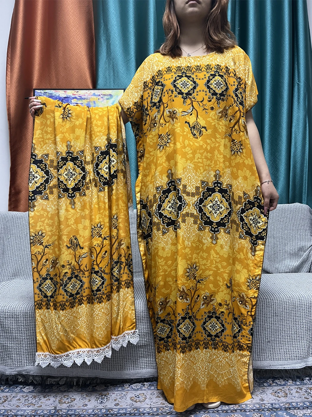 Conjunto de veste curta floral com o pescoço feminino, Abayas de algodão, solto, Africano, Nigéria, Tradicional com lenço, Dubai