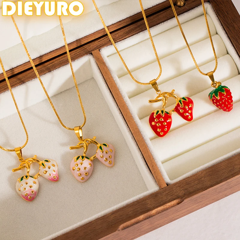 DIEYURO 316L Stainless Steel Pink Red Enamel Strawberry Pendant Necklace For Women New Trend Fashion Neck Chain Jewelry Gift
