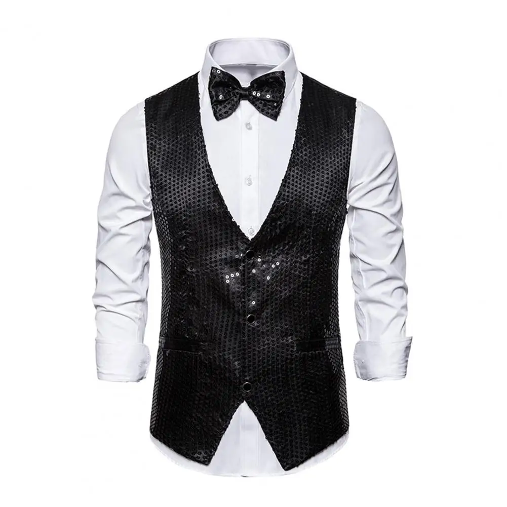 Men Vest Bow Tie Set Shiny Sequin Steampunk Single-breasted Sleeveless Pockets Retro Disco Groom Wedding Party Waistcoat