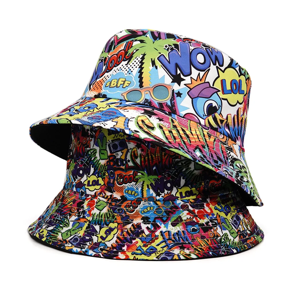 New Fashion Graffiti Sunscreen Bucket Hats Fashion Letter Print Fisherman Hat Spring/Summer Unisex Outdoor Sunshade Fishing Cap