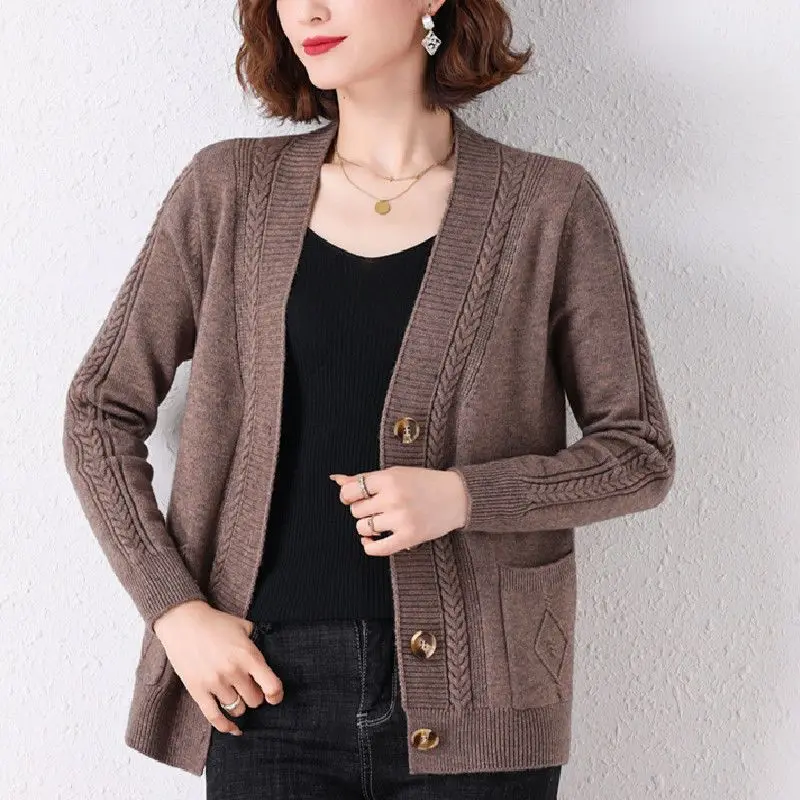 Women Vintage Simple Twists Single Breasted Outewear Knitted Cardigans Female Solid Casual V Neck Long Sleeve Loose Sweater Coat