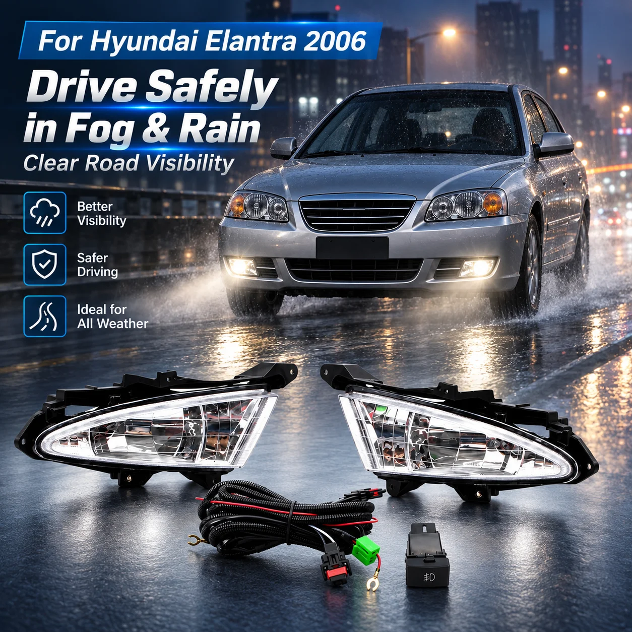 For Hyundai Elantra 2006 Front Bumper Fog Light Set Halogen Fog Lamp Assembly Auto Driving Lamp Replacement Kit