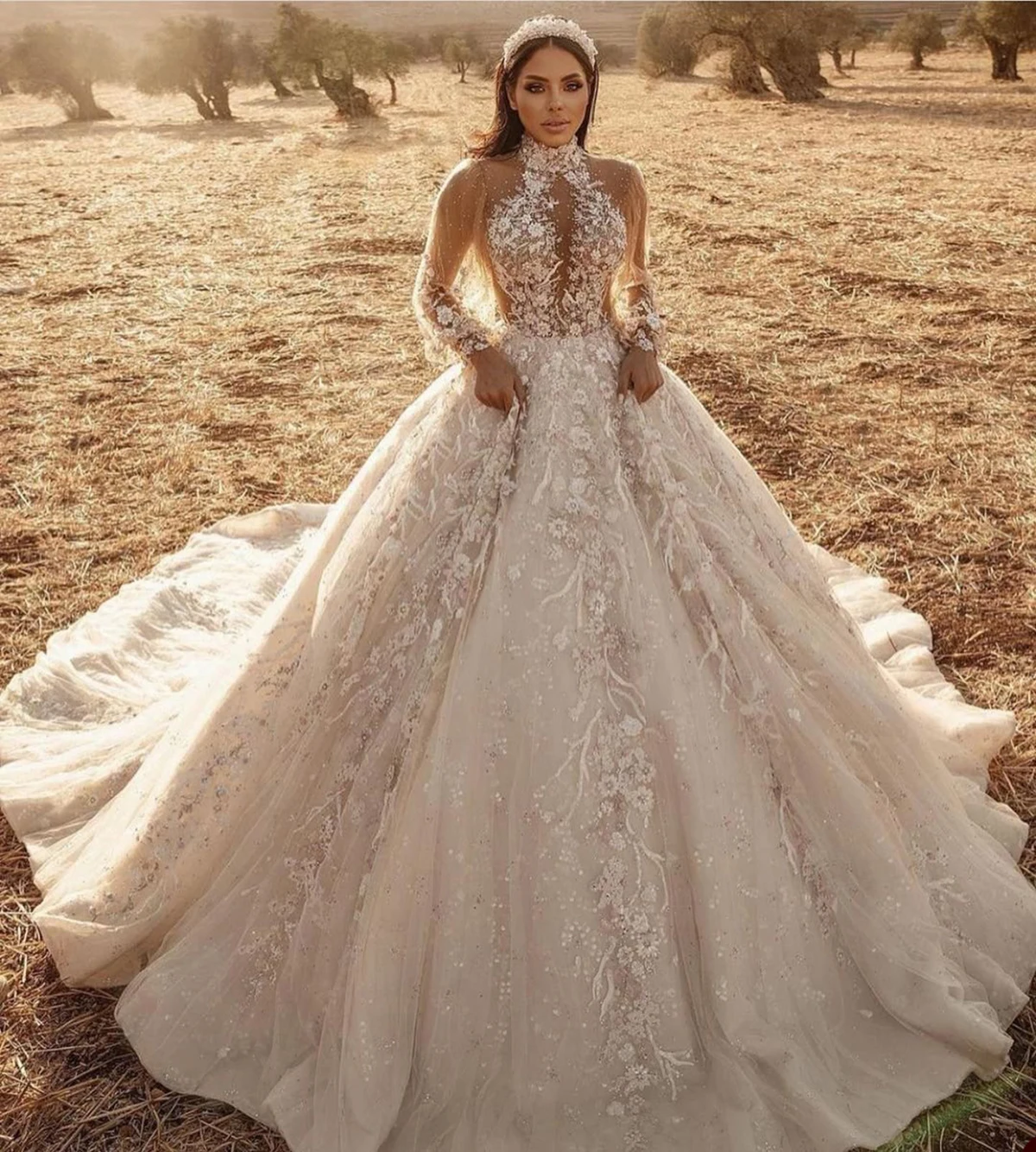 Classic Ball Gown Wedding Dresses 3D-Floral Appliques Lace Illusion Tulle Chapel Gown Zipper Bridal Customized Robe De Mariée