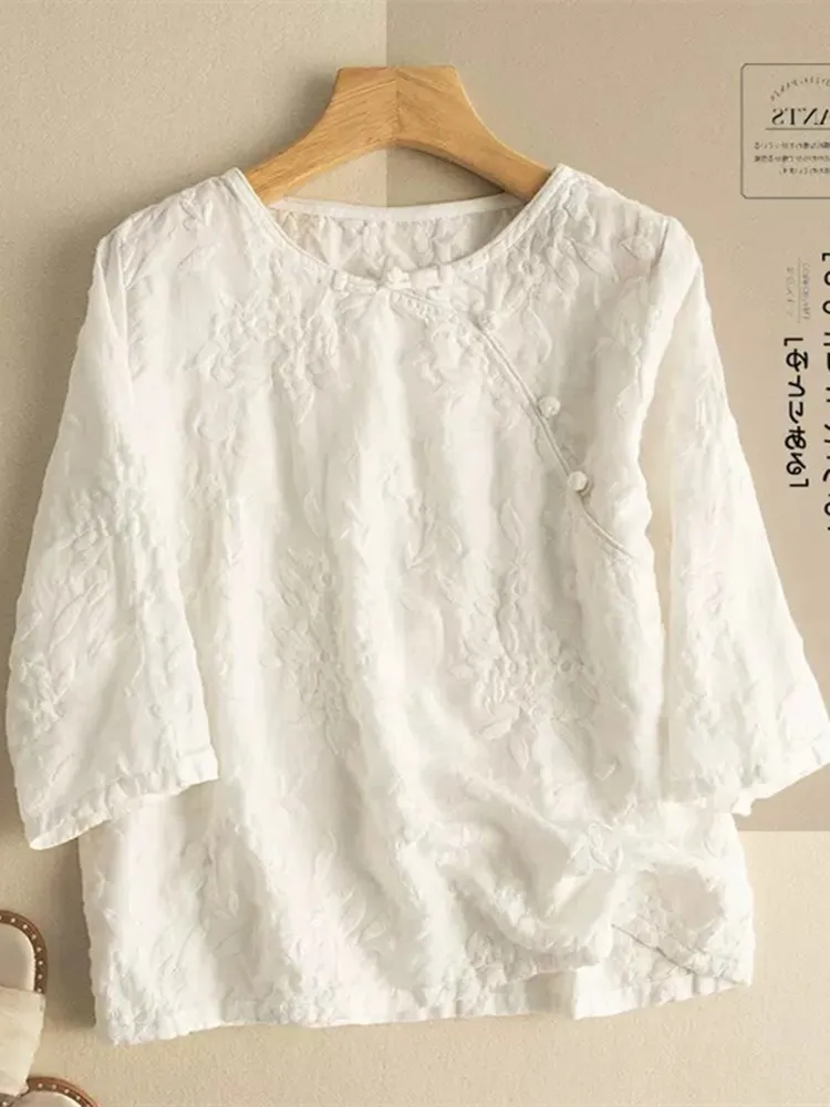 

Женская летняя свободная блузка из хлопка и льна с объемной вышивкой, омолаживающая, с рукавом 3/4, в стиле ретро