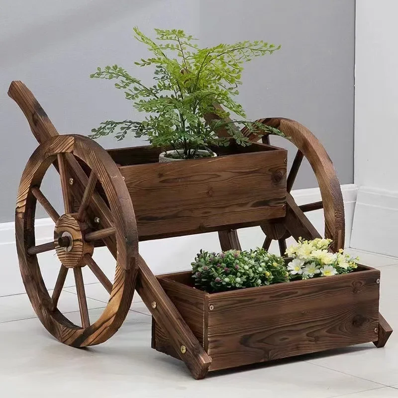 Decorative Wheel-shaped Carbonized Wood Wagon Planter, Outdoor Garden Flower Pot, Wooden Planting Cart Trolley