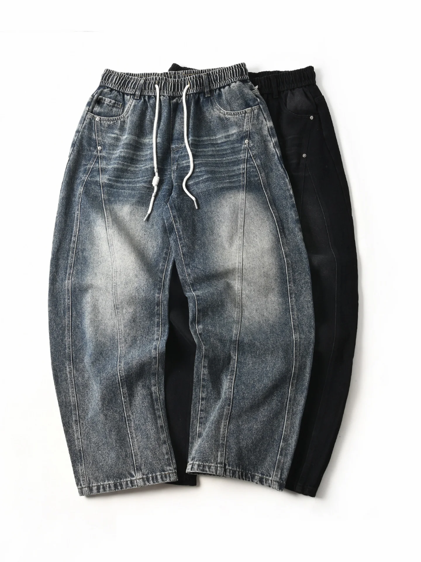 New American Style Heavyweight Cotton Washed out Faded Splicing Loose Wide Leg Straight Casual Knife Jeans Men Autumn Winter