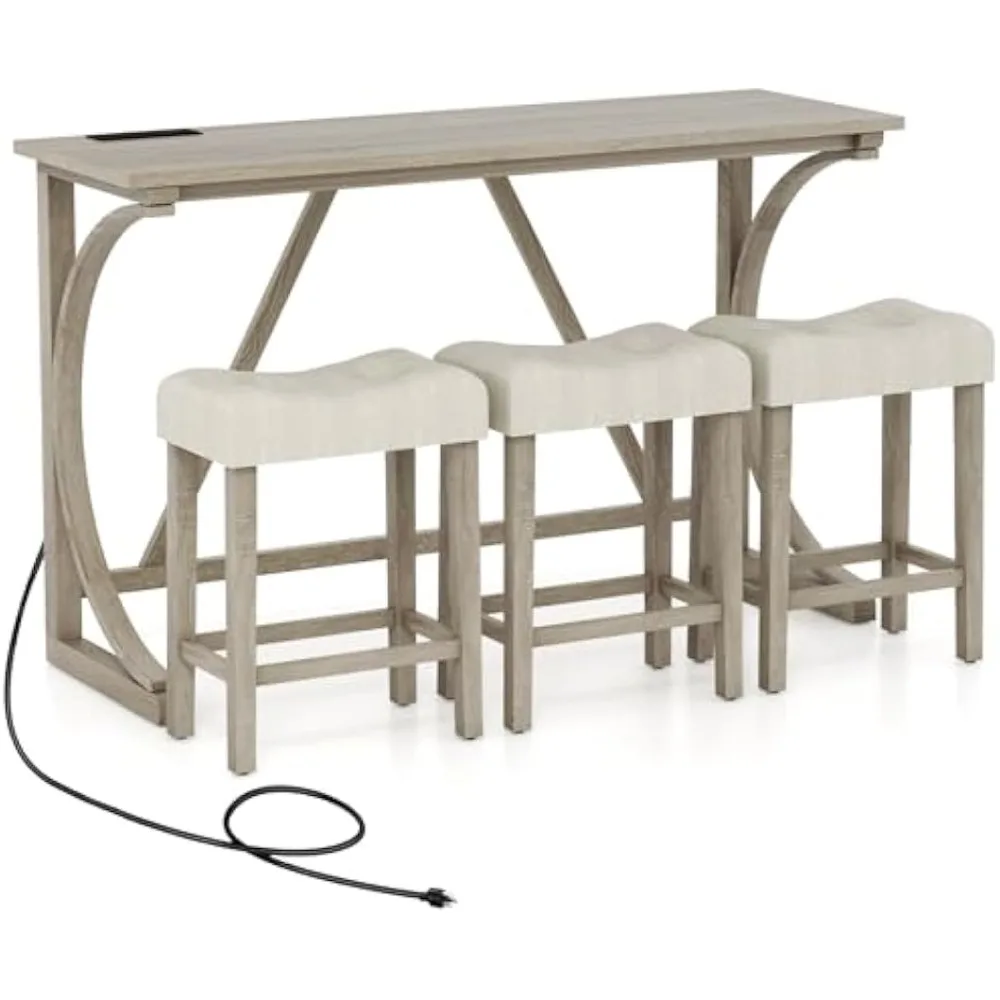 

Small Dining Table Set - 4-Piece Bar Table and Chairs Set with Power Outlet, Upholstered Saddle Seat Stools, Counter Height Din