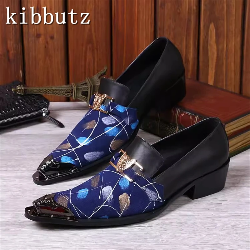 

Luxury Prints Genuine Leather Men Business Shoes Pointed Toe Metal Buckle Decor Oxfords Classic Gentleman Wedding Prom Shoes