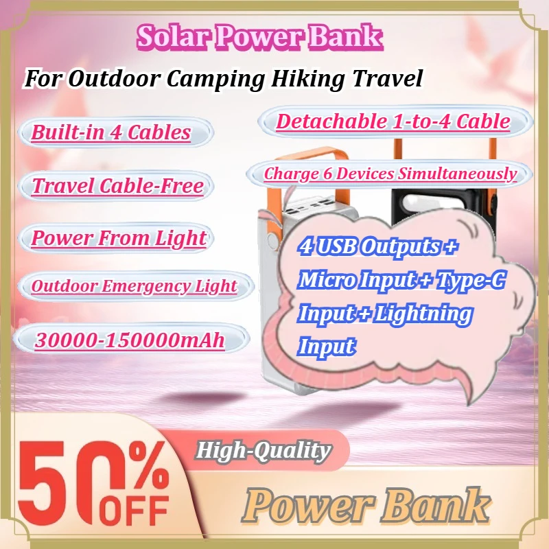 For Outdoor Camping Hiking Travel 100000mAh Solar Power Bank Built-in 4 Cables LED Flashlight External Battery Pack