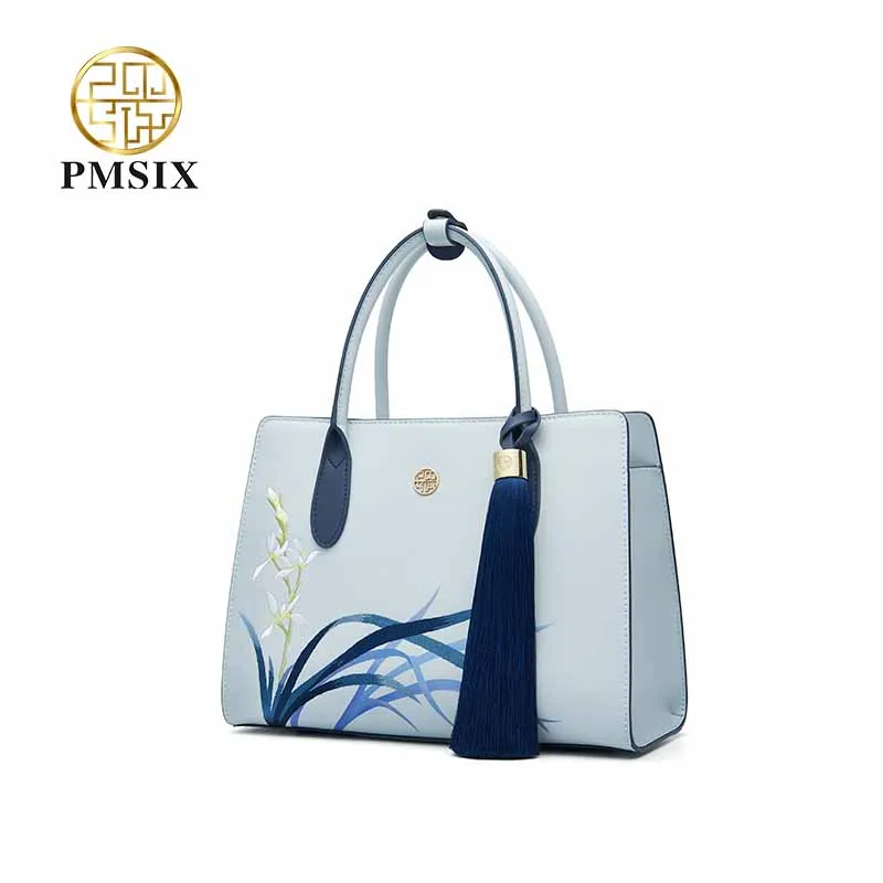 PMSIX Cow Leather Handbags for women Embroidery Tassel Shoulder bag Blue Ladies Tote Bag classic bags New fashion bag 2021