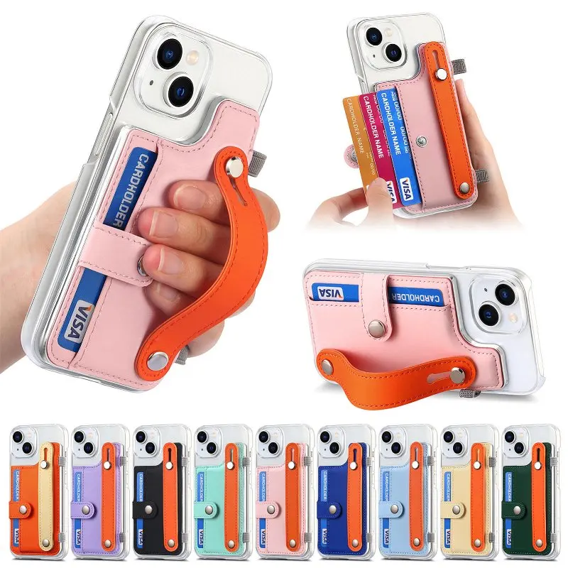 

Back Wrist Strap Card Slot Phone Case For iPhone 16 15 Pro 14 Plus 13 12 Mini 11 Pro XR X XS Max 7 8 Plus Protective Cover