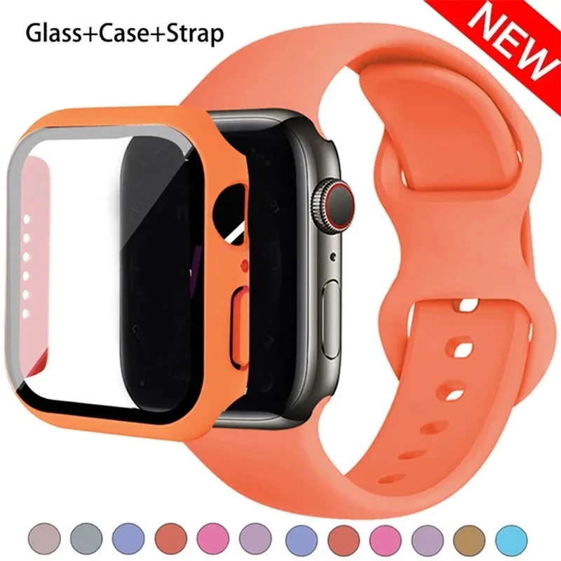 Glass+Case+Strap For Apple Watch band 44mm 41mm 45mm 40mm 38mm 42mm Silicone bracelet iWatch series 9 8 3 4 5 6 se 7 watchbands