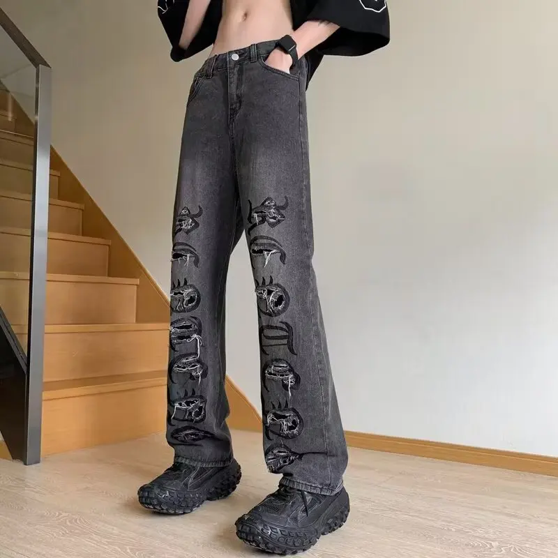 

Retro American Letter Embroidery Large Size Men's Jeans Straight Leg Wide Leg Pants Washed Denim Autumn Winter Spring Wear